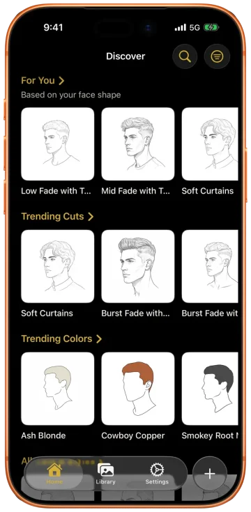 Glancely men's catalog of named haircuts and colors, sorted for the user's face.
