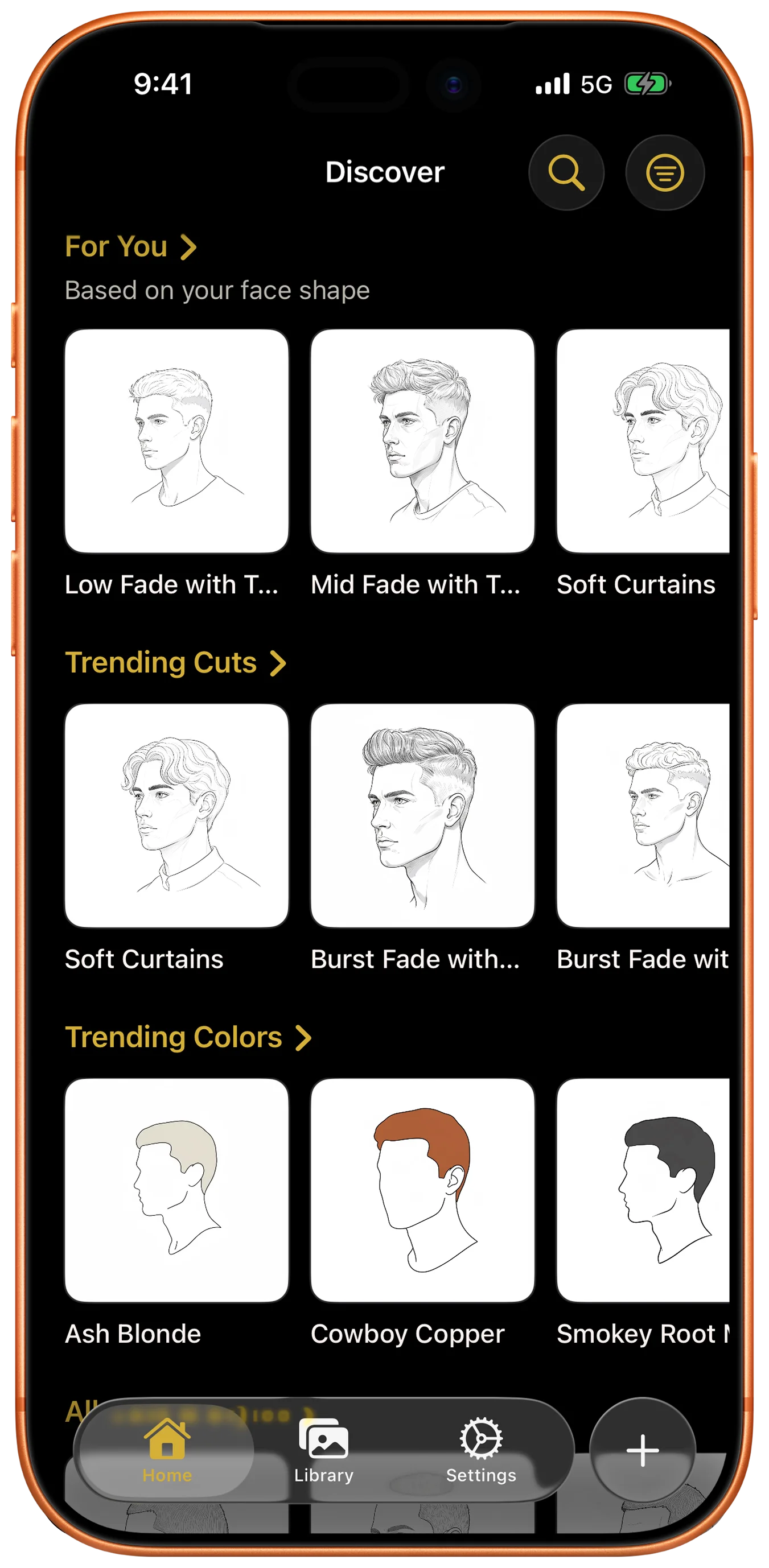 Glancely men's catalog with a 'For You' shelf based on face shape — Low Fade, Mid Fade, Soft Curtains — plus Trending Cuts including Burst Fade variations, and Trending Colors including Ash Blonde, Cowboy Copper, and Smokey Root.