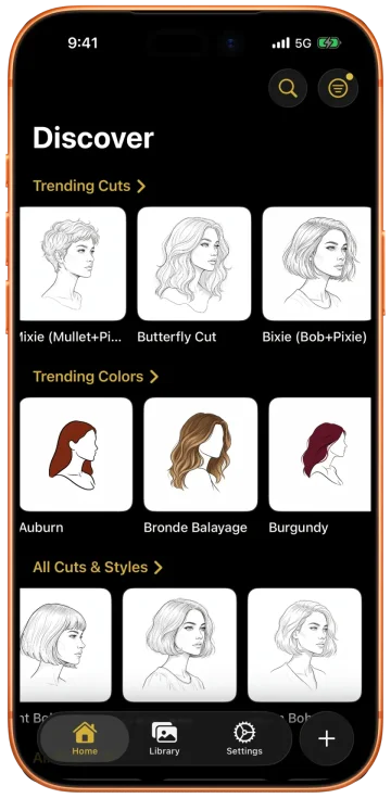 Glancely women's catalog showing Trending Cuts including Mullet+Pixie, Butterfly Cut, and Bixie (Bob+Pixie), plus Trending Colors including Auburn, Bronde Balayage, and Burgundy, and the All Cuts and Styles library.