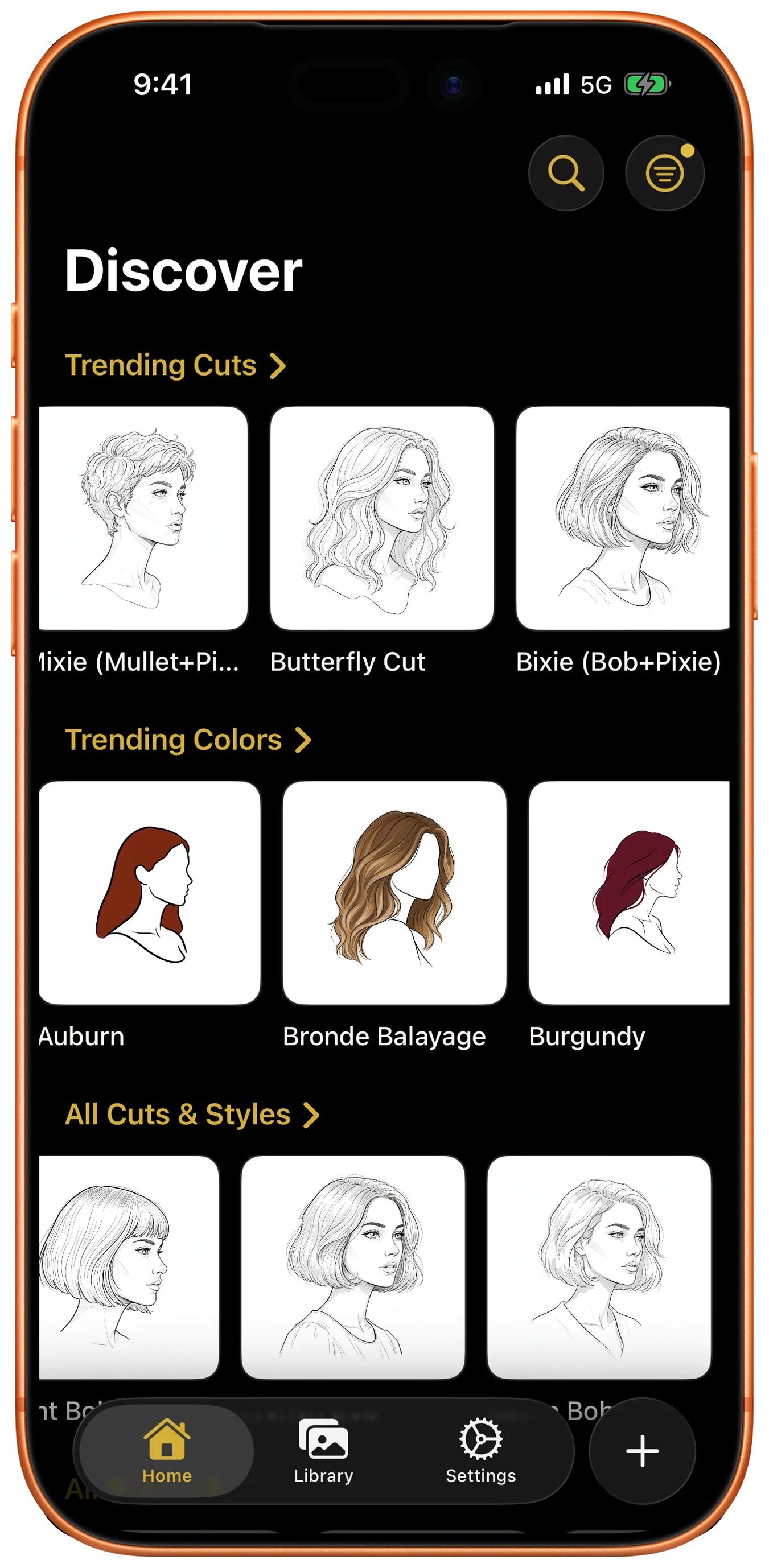 Glancely women's catalog showing Trending Cuts including Mullet+Pixie, Butterfly Cut, and Bixie (Bob+Pixie), plus Trending Colors including Auburn, Bronde Balayage, and Burgundy, and the All Cuts and Styles library.