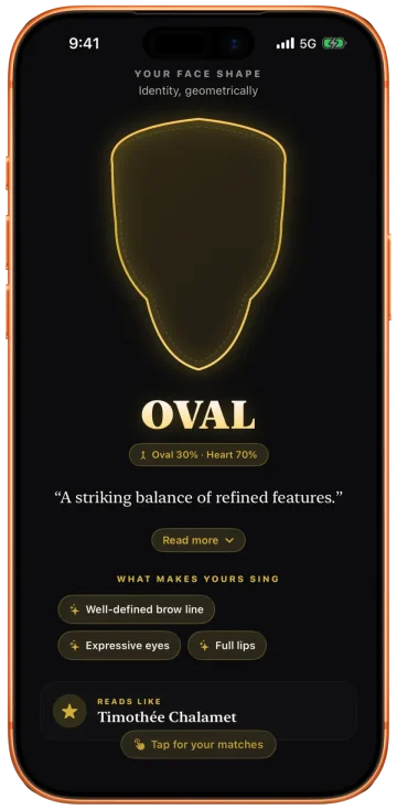 Glancely face shape result reading Oval as the primary shape with a 30 percent Heart blend, plus standout feature tags for a well-defined brow line, expressive eyes, and full lips.