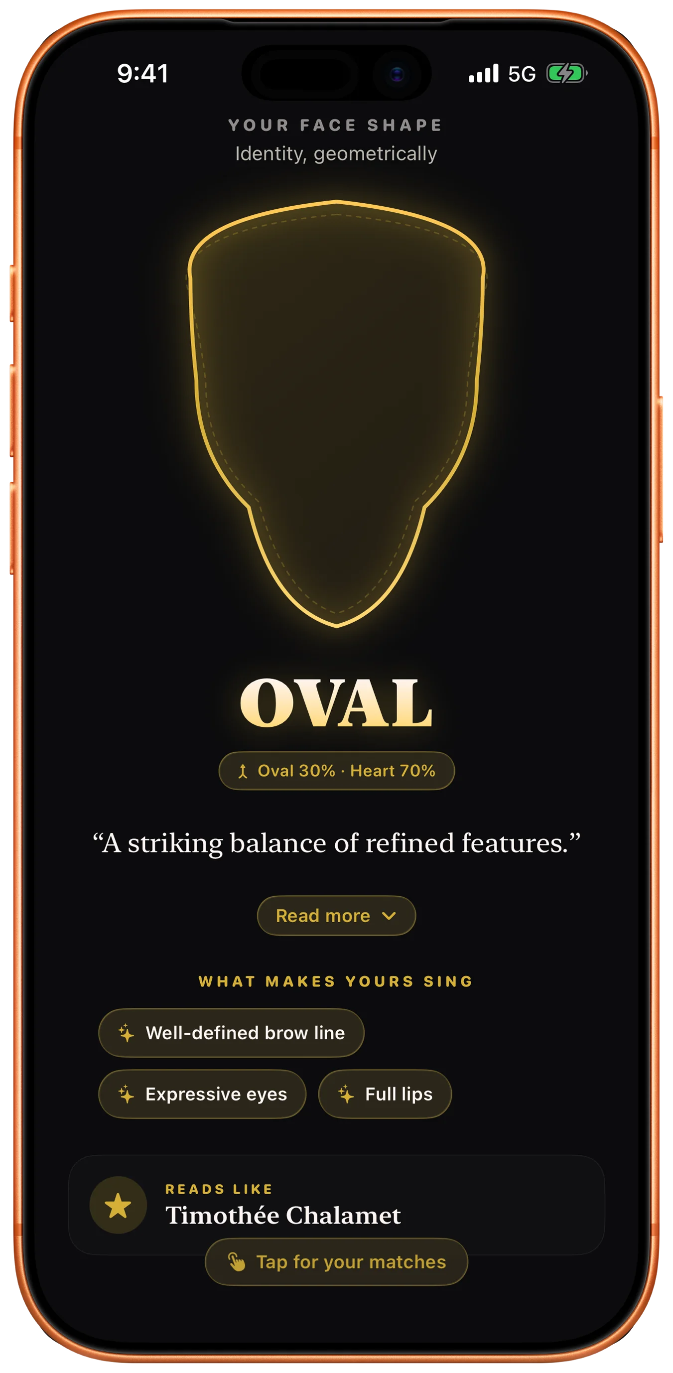 Glancely face shape result reading Oval as the primary shape with a 30 percent Heart blend, plus standout feature tags for a well-defined brow line, expressive eyes, and full lips, and a 'Reads Like' reference to Timothée Chalamet.