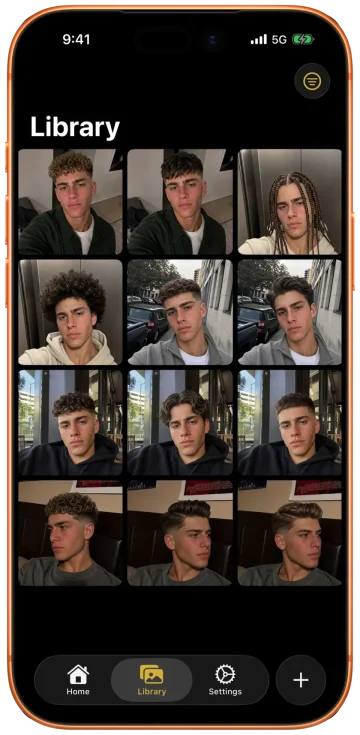 Glancely library showing a four-by-three grid of twelve saved AI try-on results — the same person previewed with different haircuts and colors — ready to revisit, compare, or hand off to a stylist.