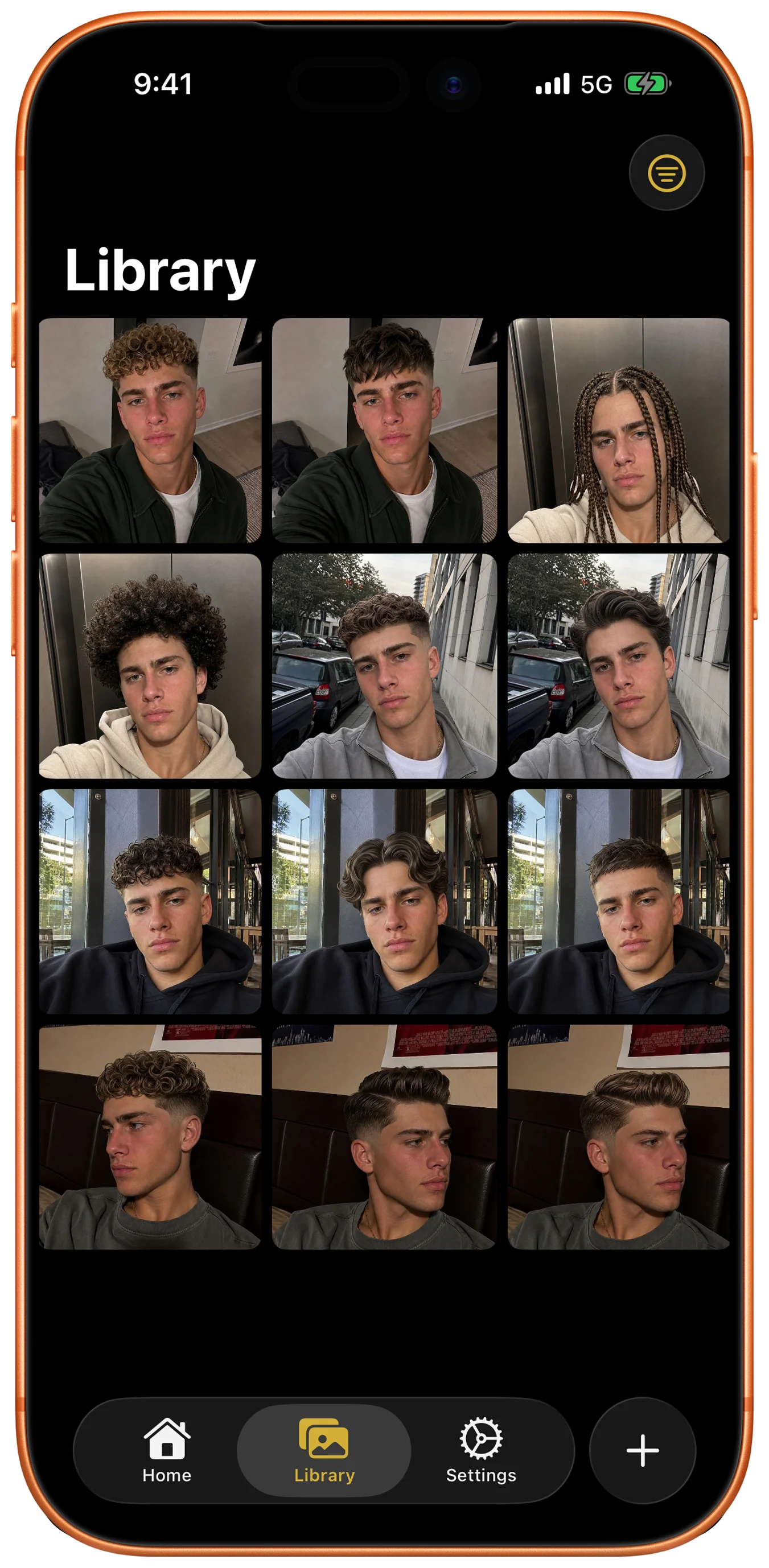 Glancely library showing a four-by-three grid of twelve saved AI try-on results — the same person previewed with different haircuts and colors — ready to revisit, compare, or hand off to a stylist.