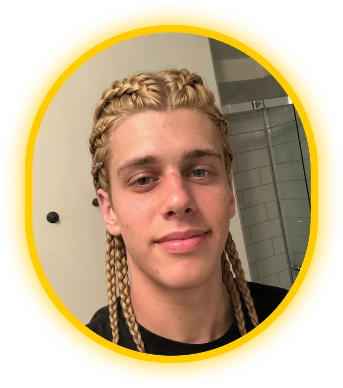Glancely AI recommendation rendered on the user's photo: long blonde braids.