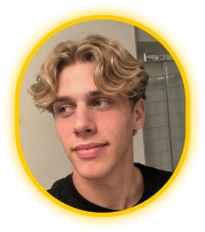 Glancely AI recommendation rendered on the user's photo: medium-length tousled blonde.