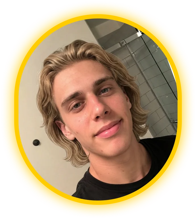 Glancely AI recommendation rendered on the user's photo: swept side-parted blonde.