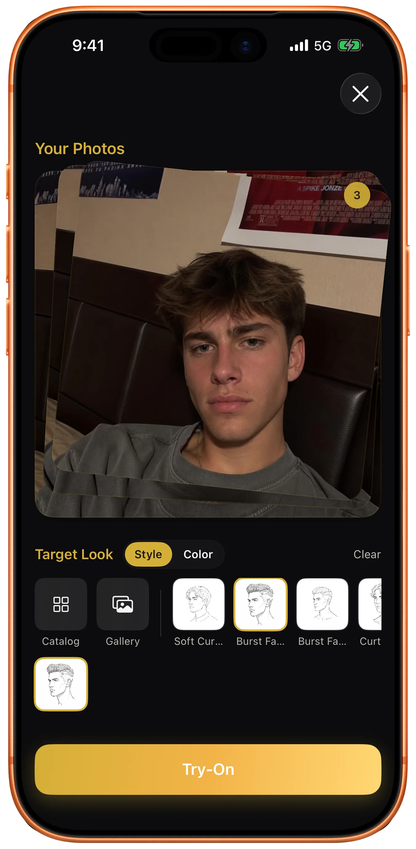 Glancely AI try-on screen with a user's selfie at the top and a Target Look picker below — Style and Color tabs, plus shortcuts to the Catalog, your Gallery, and saved style references — and a large Try-On action button.