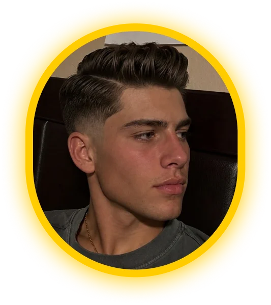 Glancely AI try-on output: short pompadour with a side fade, rendered on the user's photo from a profile angle.