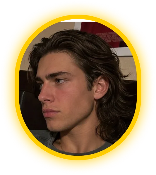 Glancely AI try-on output: long flowing dark hair, rendered on the user's photo from a profile angle.